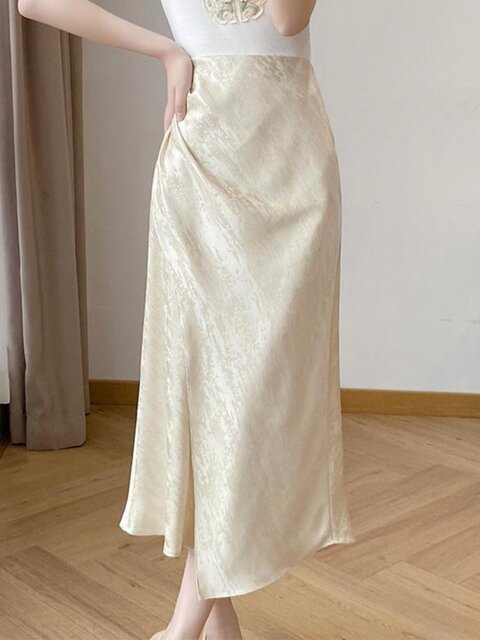 Lingze Xixi New Chinese Style High-Waisted Slimming Slit Pleated Satin Acetate Fishtail Skirt for Women, Summer Apricot-Colored Half Skirt