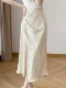 Lingze Xixi New Chinese Style High-Waisted Slimming Slit Pleated Satin Acetate Fishtail Skirt for Women, Summer Apricot-Colored Half Skirt