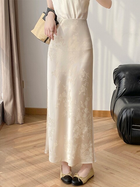 Lingze Xi A-Line Long Skirt to Ankle Length Jacquard Acetate Apricot Skirt