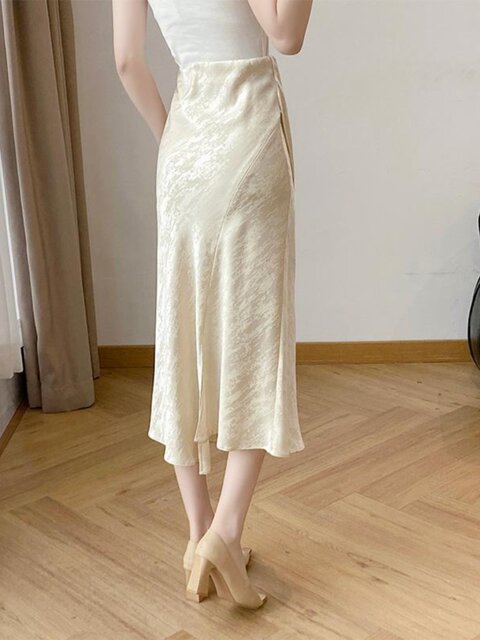 Lingze Xixi New Chinese Style High-Waisted Slimming Slit Pleated Satin Acetate Fishtail Skirt for Women, Summer Apricot-Colored Half Skirt