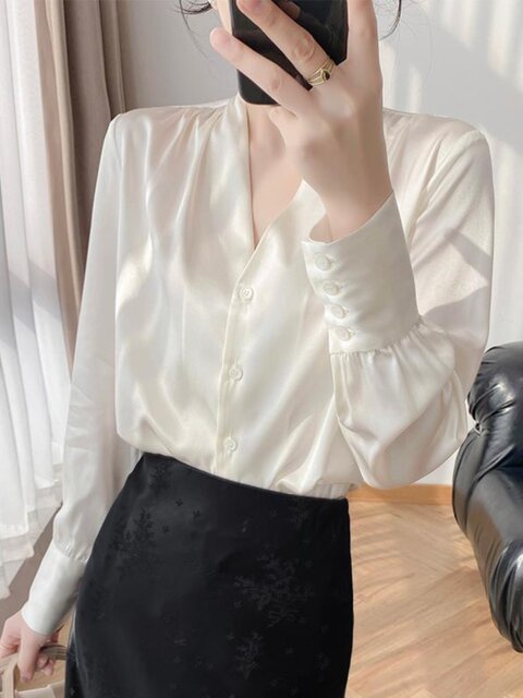 Lingze X19 Mumi Mulberry Silk Top 2026 Spring/Summer New Style Elegant V-Neck Silk White Shirt for Women
