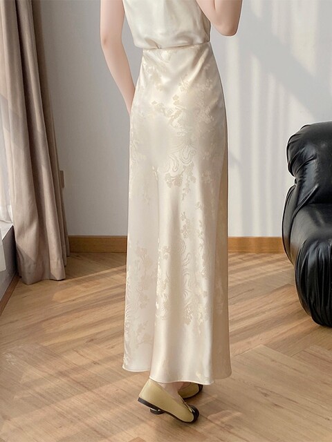 Lingze Xi A-Line Long Skirt to Ankle Length Jacquard Acetate Apricot Skirt