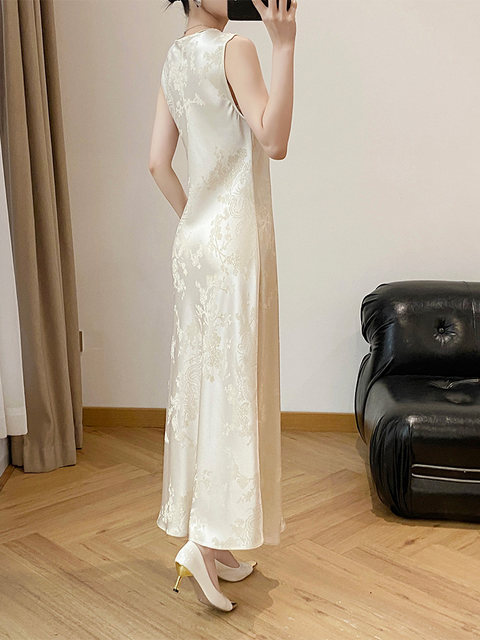 New Chinese Style Fishtail Long Dress for Tall Women, Ankle-Length, Round Neck, Acetate Jacquard, Sleeveless Vest Dress for Women, Spring and Summer