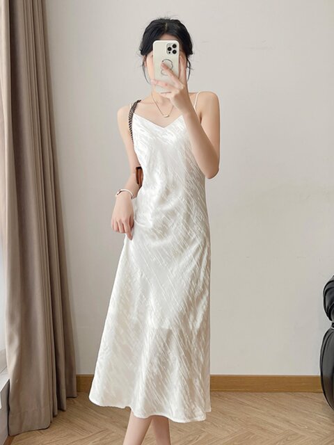 Lingze Xi Elegant Slim-Fit Waist-Cinching Fishtail Jacquard White Spaghetti Strap Dress for Women Summer