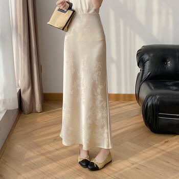 Lingze Xi A-Line Long Skirt to Ankle Length Jacquard Acetate Apricot Skirt