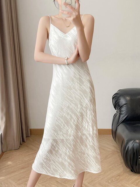 Lingze Xi Elegant Slim-Fit Waist-Cinching Fishtail Jacquard White Spaghetti Strap Dress for Women Summer