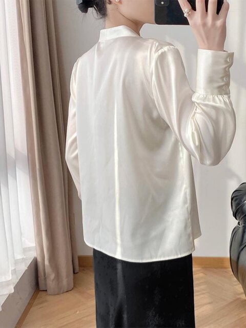 Lingze X19 Mumi Mulberry Silk Top 2026 Spring/Summer New Style Elegant V-Neck Silk White Shirt for Women