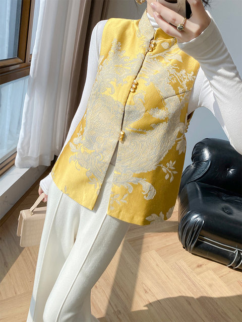 Lingze X's Spring and Autumn New Chinese-Style Phoenix Embroidery Acetate Button Yellow Vest for Women