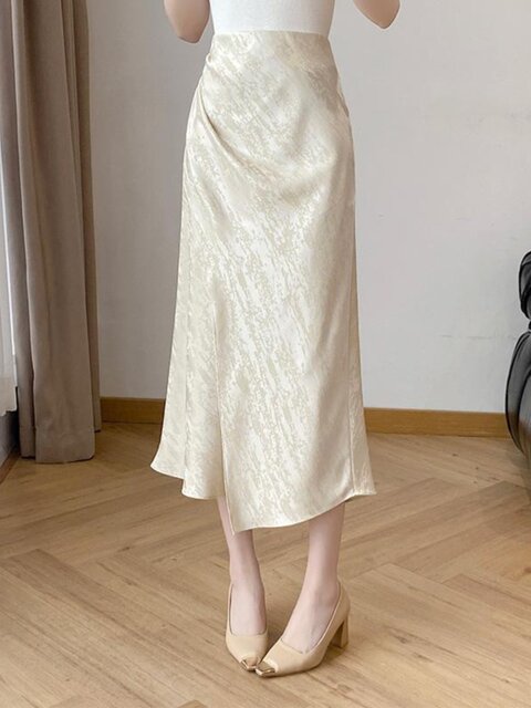 Lingze Xixi New Chinese Style High-Waisted Slimming Slit Pleated Satin Acetate Fishtail Skirt for Women, Summer Apricot-Colored Half Skirt