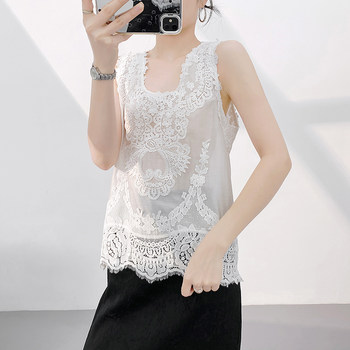 Lingze Xixi Summer Chinese-Style U-Neck Sleeveless Top for Women, Lace Linen White Camisole