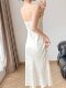 Lingze Xi Elegant Slim-Fit Waist-Cinching Fishtail Jacquard White Spaghetti Strap Dress for Women Summer