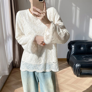 Lingze Xi New Chinese Style National Style Pullover Three-Dimensional Gourd Lace Off-White Top for Women Autumn and Winter