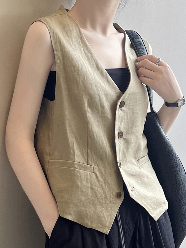 French-Style Vintage Linen V-Neck Blazer Vest for Women, New Early Autumn Short Layered Sleeveless Vest, Thin Chanel-Style Top