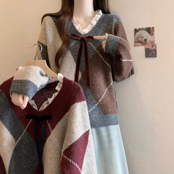Autumn and winter korean style diamond lace v-neck sweater for women 2025 new design bow knitted sweater top