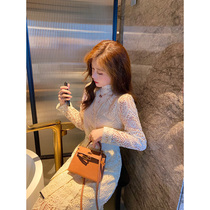 GA white long-sleeved lace dress womens spring and Autumn season 2021 new waist temperament skirt womens spring and autumn