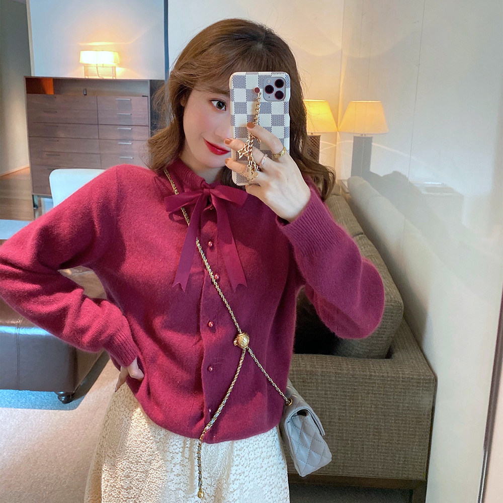 Rose red bow sweater women's spring and autumn cardigan coat women's knitting 2021 New loose foreign style jacket