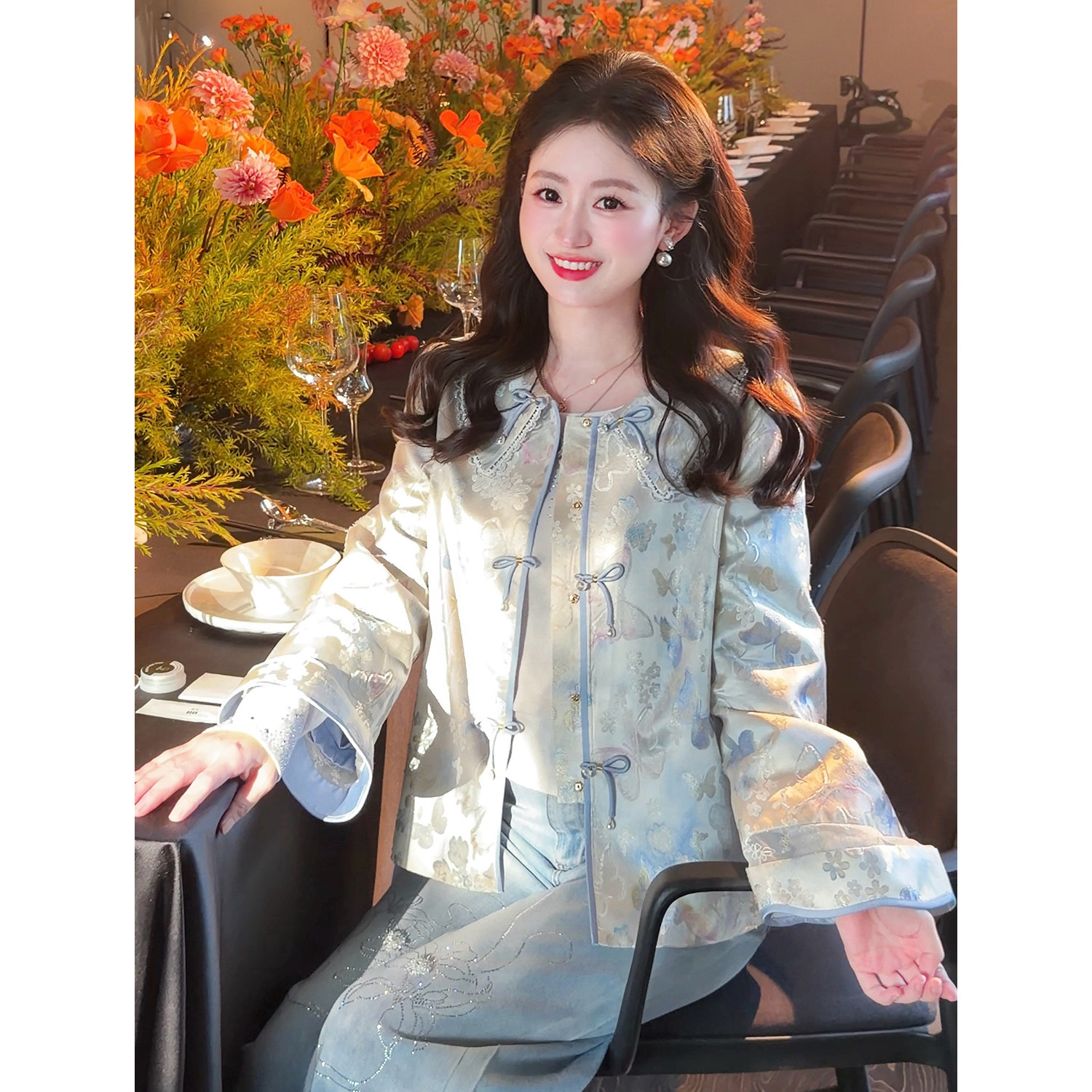 盈瓷真丝｜蓝蝶序 轻奢重工新中式外套女秋季国风提花马甲上衣