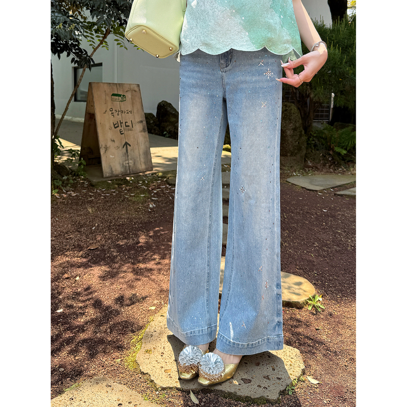 Yingci Quality | Serenade Rhinestone Design Straight-Leg Jeans for Women, Summer Petite Versatile Narrow Wide-Leg Pants