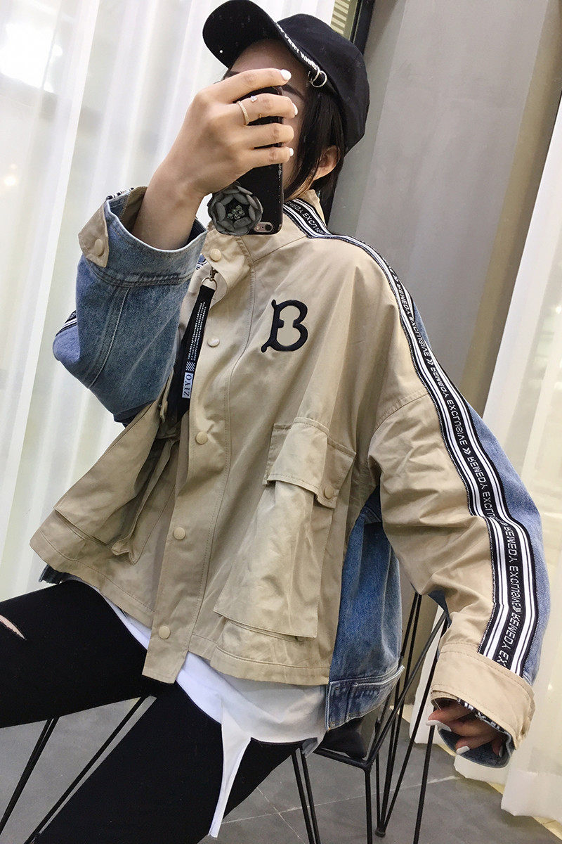Color-blocking tooling denim jacket female splicing cardigan denim top European station autumn women's clothing 2022 new European goods