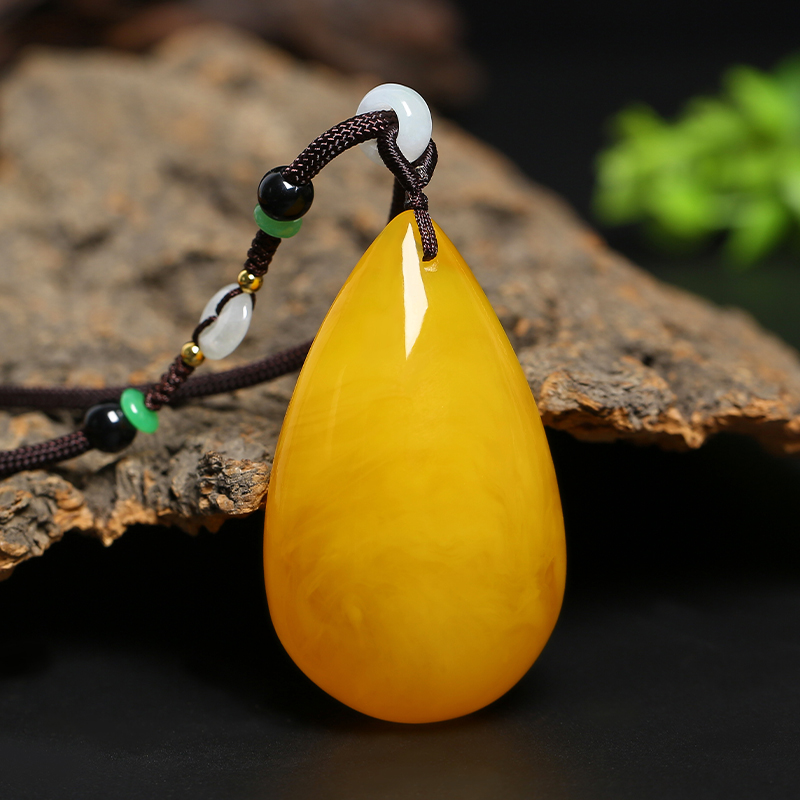 Natural beeswax chicken oil yellow long version water drop with type pendant pendant men's and women's sweater chain brown lanyard ethnic style
