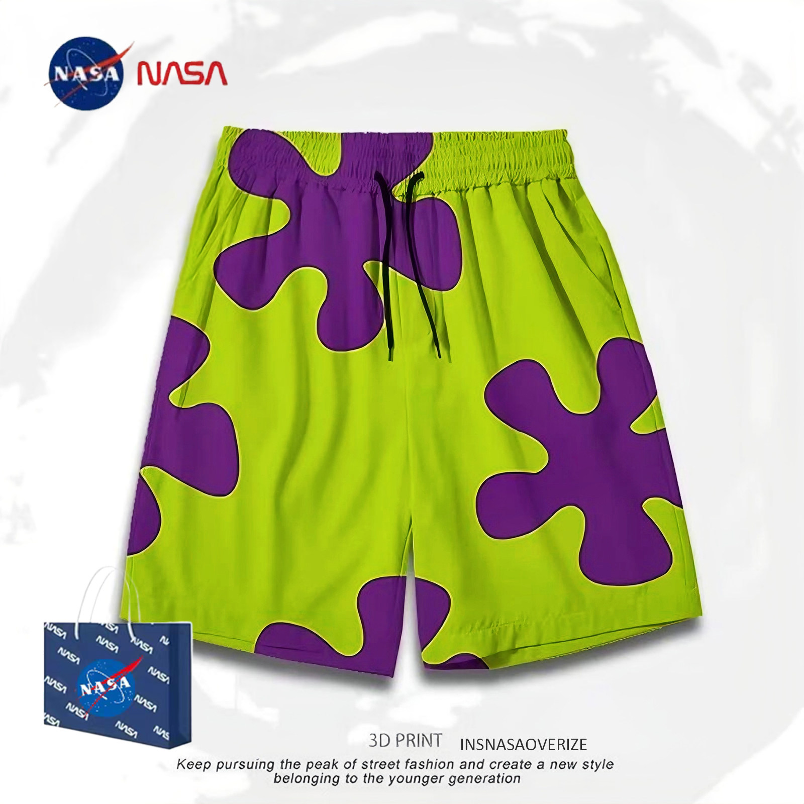NASAとBig Starのコラボレーションによるメンズ＆レディースショーツ、夏用薄手速乾シルクビーチパンツ、ゆったりカジュアルな五点パジャマパンツ