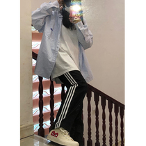Striped Sports Pants Woman 2021 Spring Autumn Season Loose Casual Straight Drum Port Taste Bf High Waist Pituitary and Sensation Broadlegs