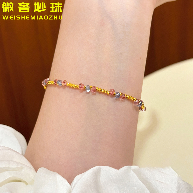 Gold Bead Bracelet for Women, 999 Pure Gold, Colored Glass Gemstones, Bubble Candy Jewelry, Valentine's Day Gift Gold Bead Bracelet for Women, 999 Pure Gold, Colored Glass Gemstones, Bubble Candy Jewelry, Valentine's Day Gift