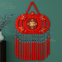 Original ethnic style pure peach wood Chinese knot pendant living room large ultra-wide high-end red environmental protection town house entrance housewarming