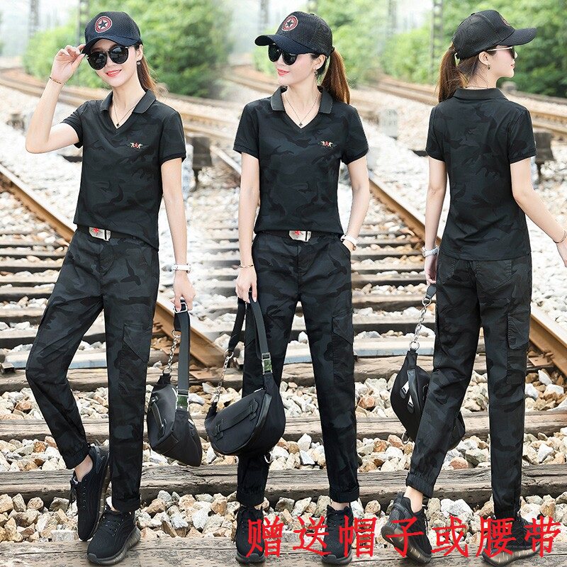 2022 Summer Camouflage Suit Women Cotton Fashion Thin T-Shirt Casual Outdoor Large Size Overalls Two-piece Set