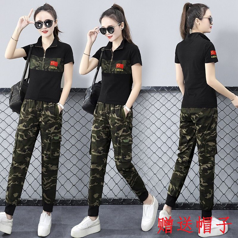 Outdoor new camouflage suit female 2022 summer fashion stand-up collar short-sleeved military fan overalls sailor dance tide