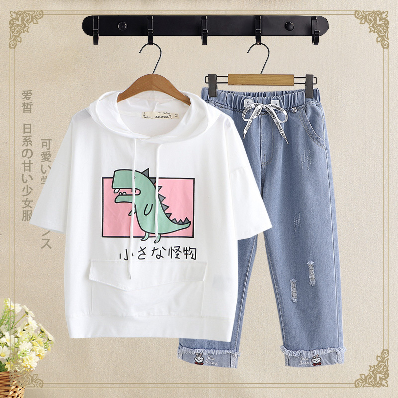 Junior high school students summer two-piece women's two-piece set 2020 new Korean version of the college style girl loose T-shirt middle school students two-piece set - Taobao