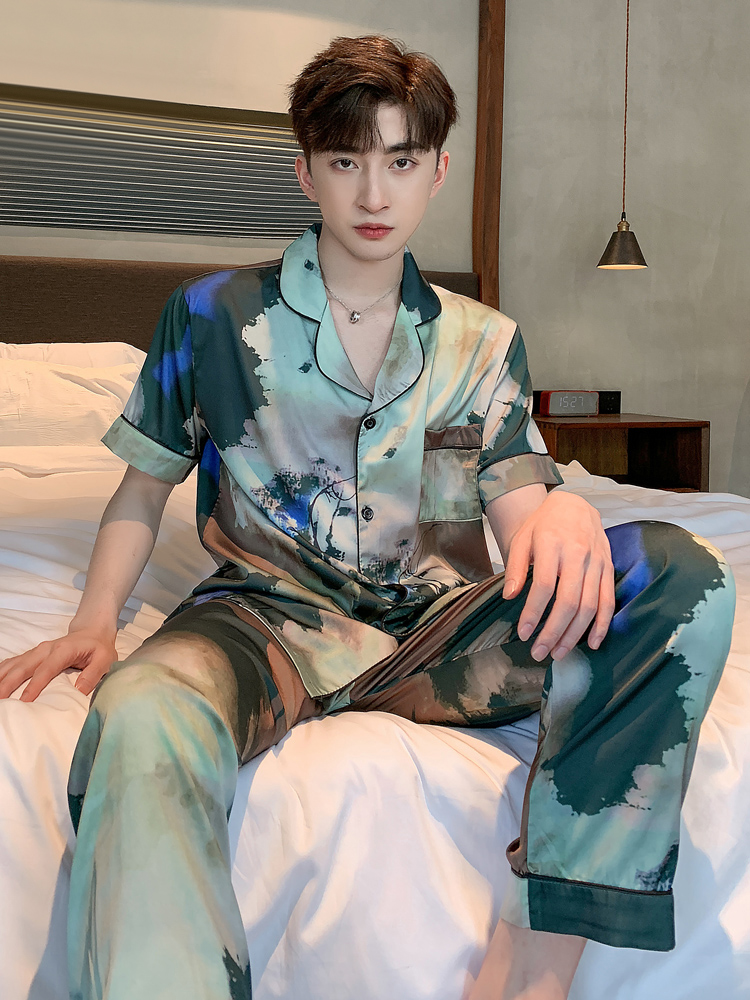 Pajamas men's summer ice silk thin short-sleeved trousers suit Silk silk men's summer casual large size home clothes