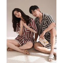 Couple pajamas female summer cotton thin two-piece set 2021 new mens summer short sleeve striped home wear