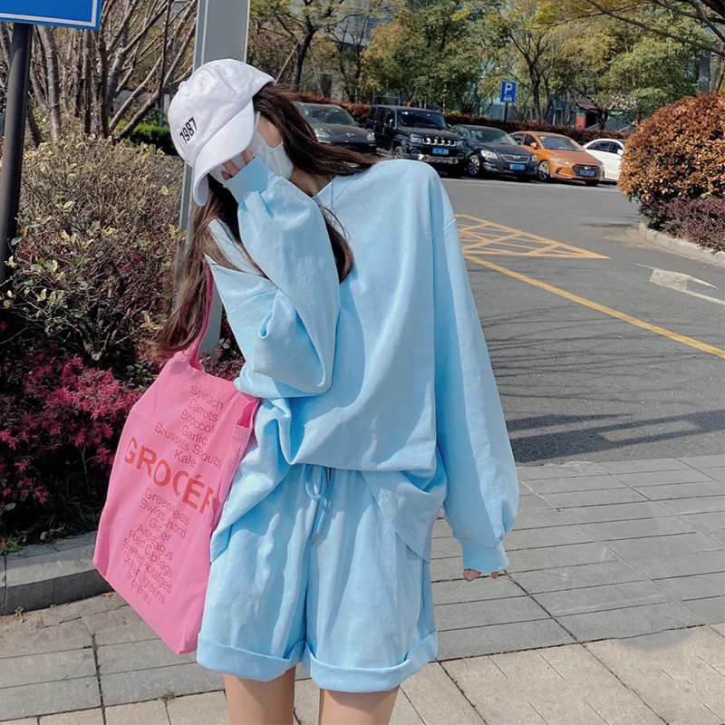 Casual sports suit women's summer blue fried street sweater thin long-sleeved top loose high waist shorts two-piece set