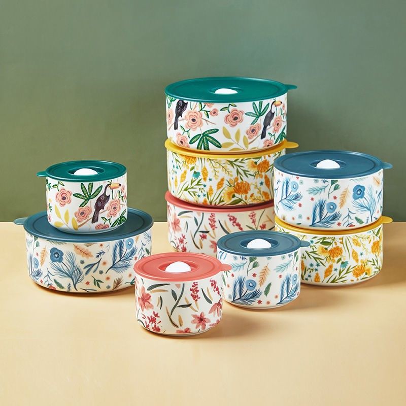 Ceramic microwave oven lunchbox portable cutlery student refreshing bowl soup bowl with lid sealed for office workers