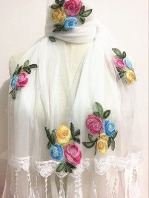 Autumn and winter cotton scarf women's wild embroidery flower long version lace stitching lace double-layer silk scarf Rose spring gauze towel