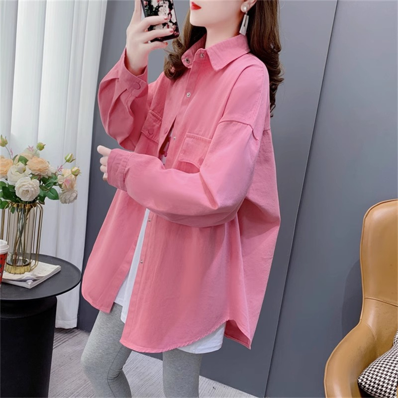 2026 Spring and Autumn New Plus Size Women's Loose Solid Color Thin Denim Shirt Polo Collar Cardigan Top Jacket Trendy