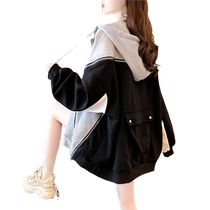 Clearance leak ~ plus size womens spring and autumn fat mm color block pocket zipper embroidered hooded sweatshirt top jacket trendy