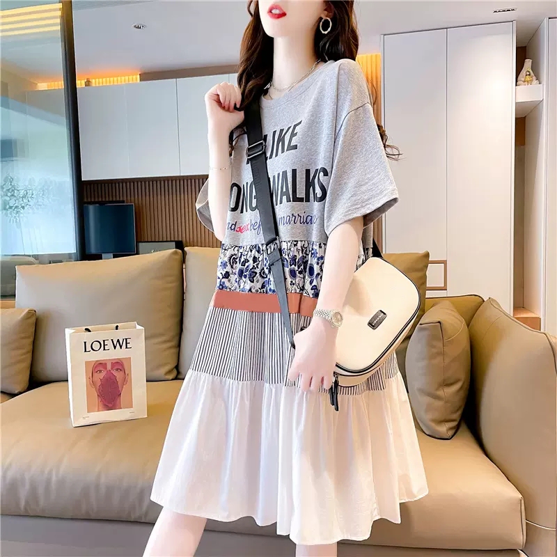 Plus Size Women's Mid-Length Loose Design Niche Short-Sleeve T-Shirt Dress for Women, New Summer Style for Chubby Girls, Trendy Dress
