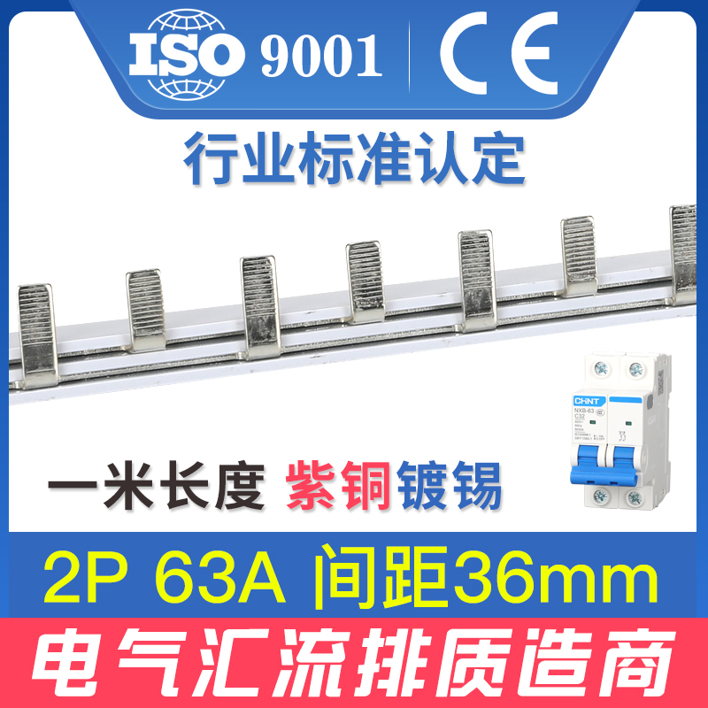 Electrical bus 2P 63A copper tinned air open circuit breaker connection row wiring row dressing bus row copper row