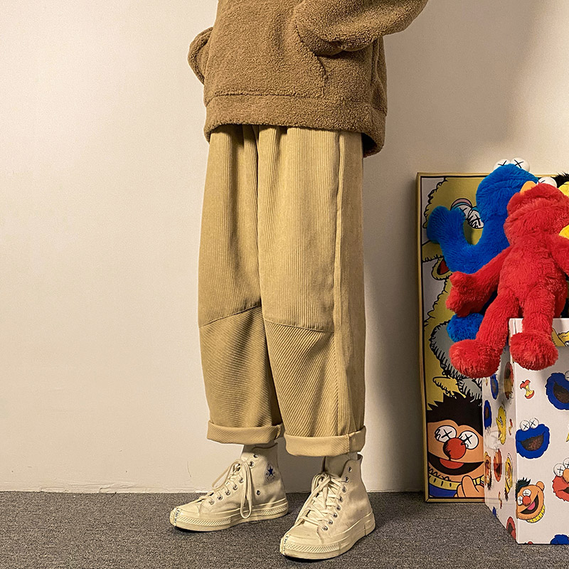 KhakiFat mm corduroy trousers female easy Straight tube Wide leg pants spring and autumn Crotch thigh crude leisure time Haren pants Big size Women's wear