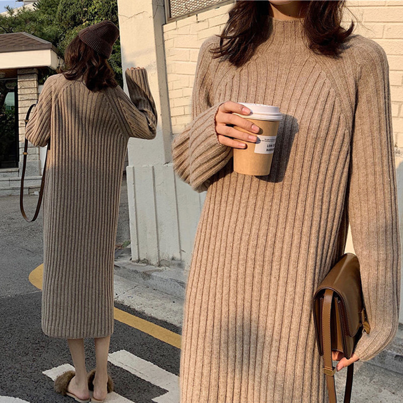 Pregnant women's sweater mid-length autumn and winter wear thickened loose-fitting over-the-knee pregnant women's underwear sweater skirt Korean version of the dress