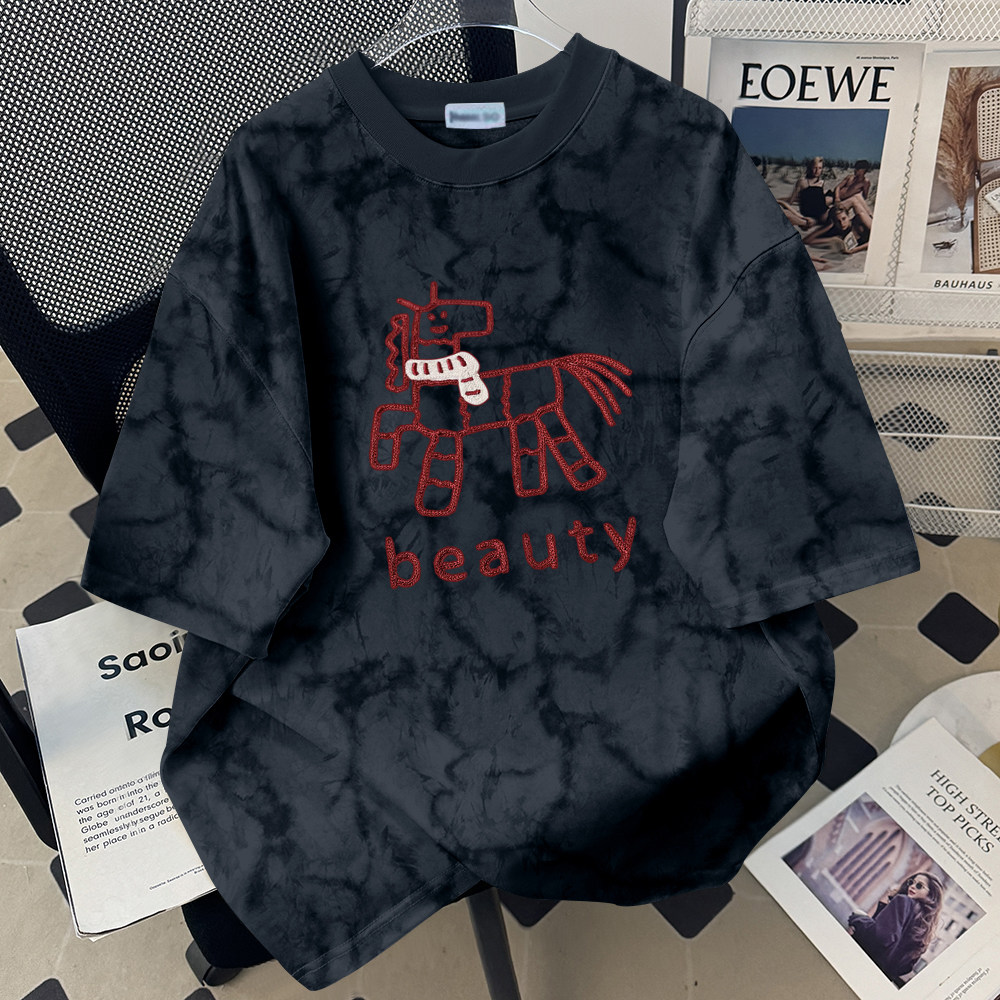 2026夏季爆款女士外穿显瘦宽松型圆领打底衫时尚扎染短袖百搭T恤