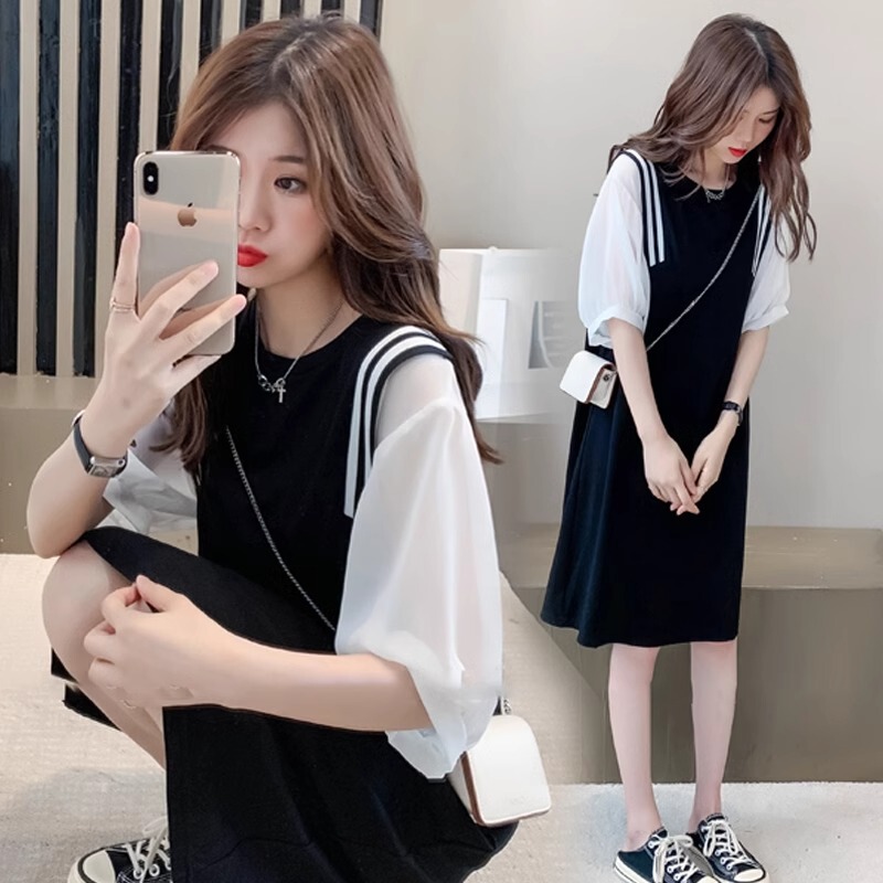 Double-Shoulder Vertical Stripe Summer Fashion Slimming Fake Two-Piece Design Age-Reducing Nursing Maternity Postpartum Breastfeeding Casual Wear Double-Shoulder Vertical Stripe Summer Fashion Slimming Fake Two-Piece Design Age-Reducing Nursing Maternity Postpartum Breastfeeding Casual Wear