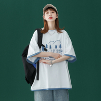 Fake Two T-Shirt Female Summer Loose Short Sleeve Chic Harbor Taste Couple Half Sleeves and Ins Tide Korean version 2021 New blouses