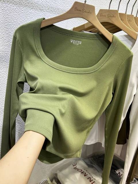 European threaded U-neck leaky clavicle long-sleeved T-shirt for women 2024 autumn new style foreign style inner bottoming shirt long-sleeved outer wear