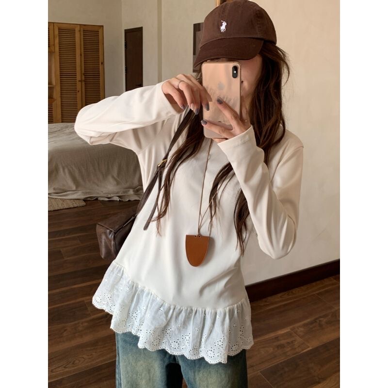 White Lace-Trimmed Round-Neck Long-Sleeve T-Shirt for Women, Autumn and Winter Stylish Versatile Slim-Fit Round-Neck Base Shirt for Women Ins