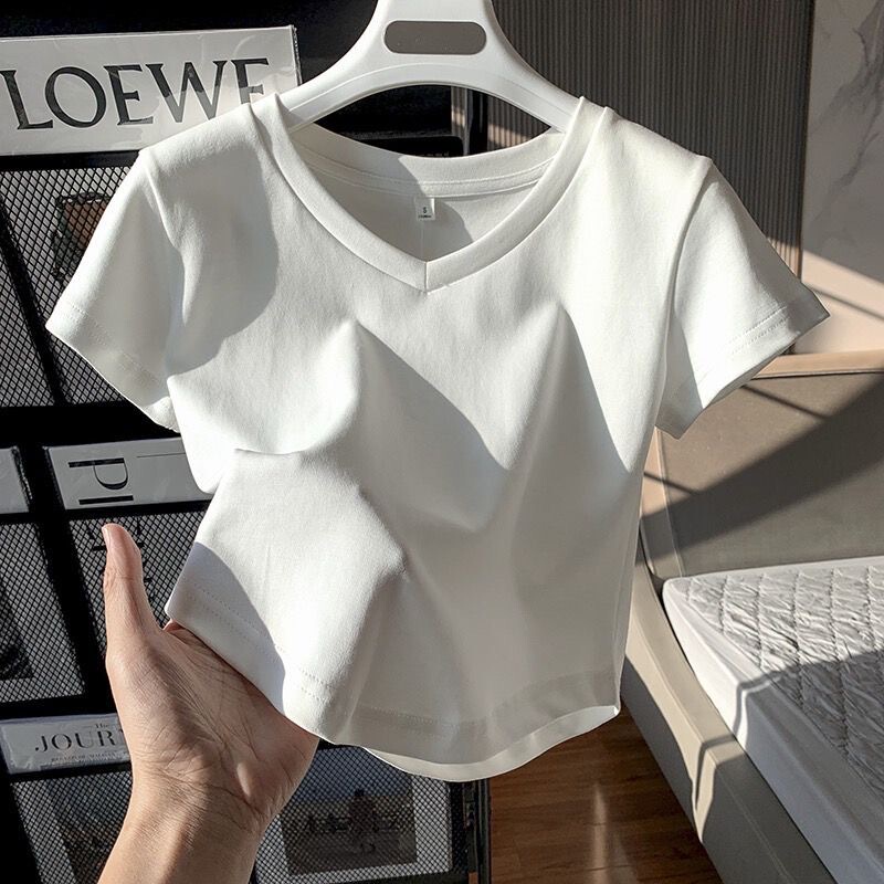 2026 Summer New Style V-Neck Short-Sleeve T-Shirt for Women with Unique Design and Asymmetrical Hem, Solid Color Top 2026 Summer New Style V-Neck Short-Sleeve T-Shirt for Women with Unique Design and Asymmetrical Hem, Solid Color Top