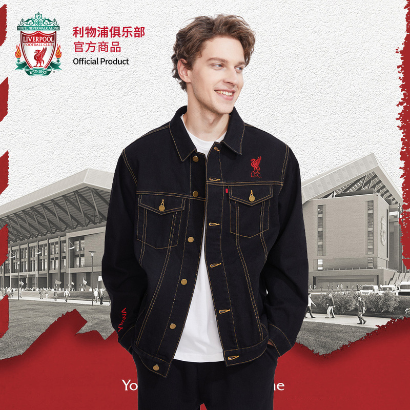 [Official Authentic Product] Liverpool Football Club |   Simple Black Embroidered Denim Jacket, Fashionable and Versatile for Fans
