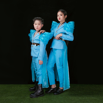 Girl High-end Fashion Personality Children Suits Suit Sky Blue Bully Model T Walk Show Show Performance Out